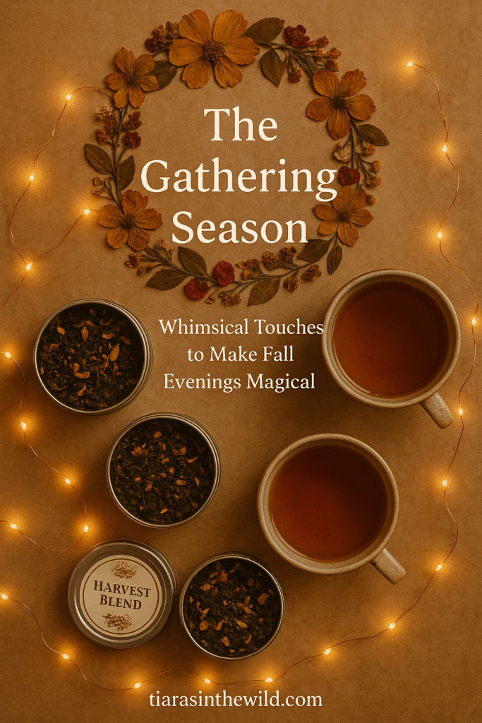 A flatlay of tea cups, autumn tea blends, fairy lights, and a crown of pressed flowers with text overlay.