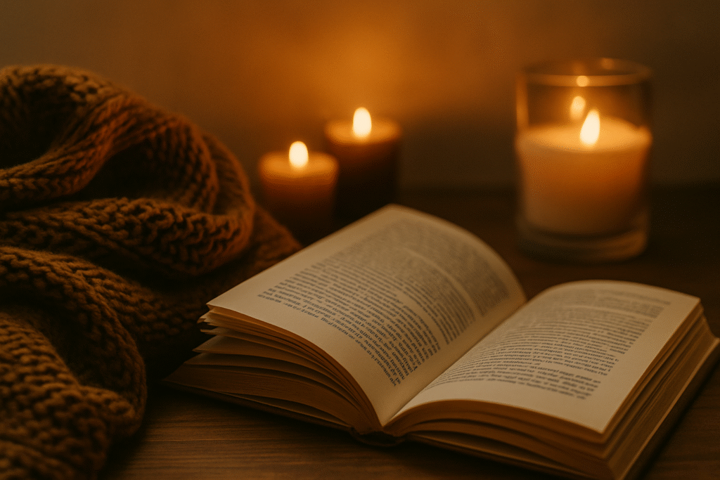 Cozy blanket and book with candlelight glowing in the background.