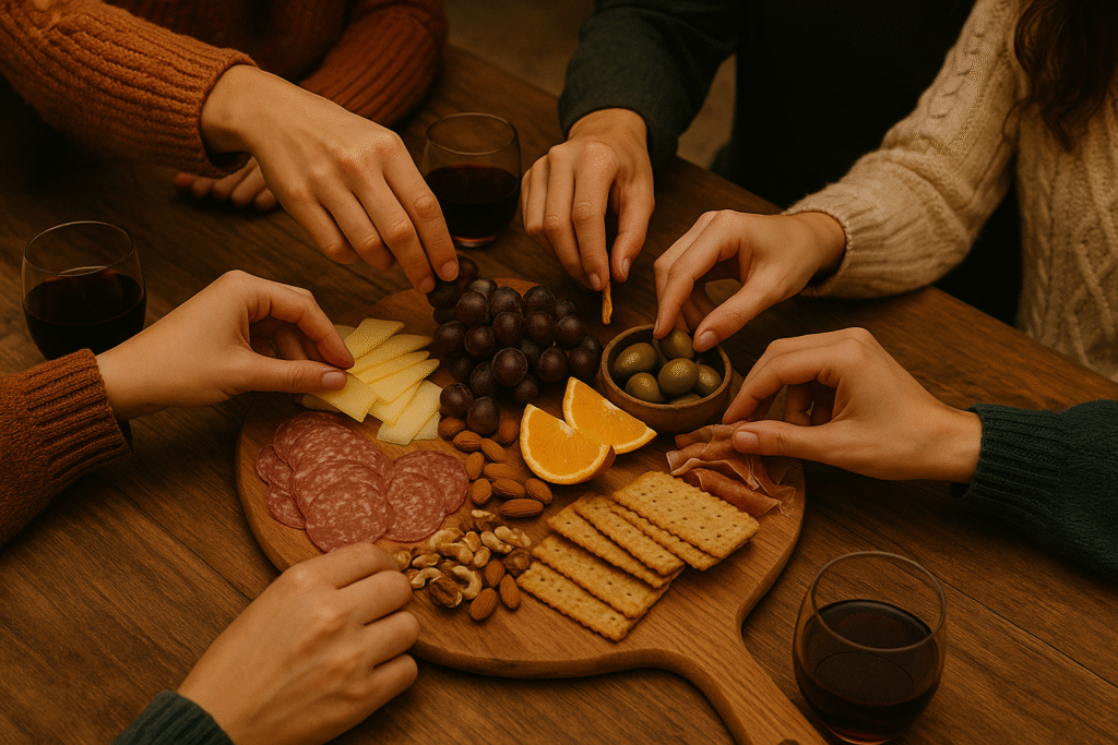 Friends gathered around a charcuterie board, hands reaching together.