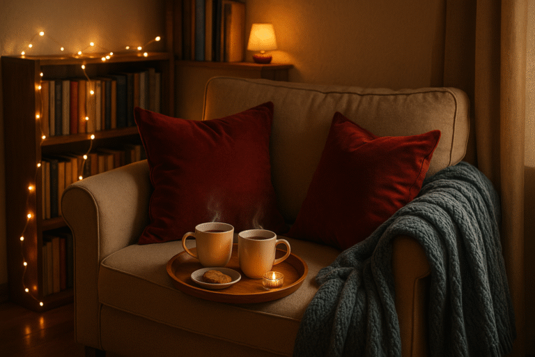 Cozy autumn reading nook with fairy lights, cranberry pillows, and a tea tray.
