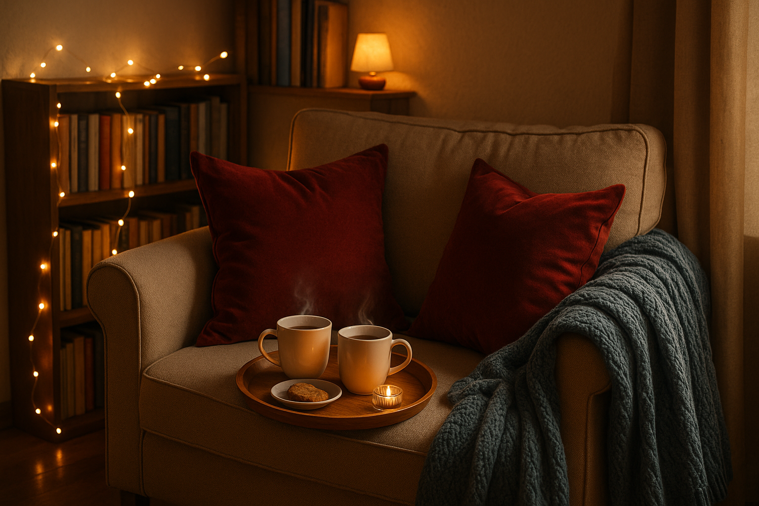 Cozy autumn reading nook with fairy lights, cranberry pillows, and a tea tray.
