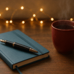Cozy writing desk with fairy lights, journal, and tea in warm slate blue and cranberry tones.
