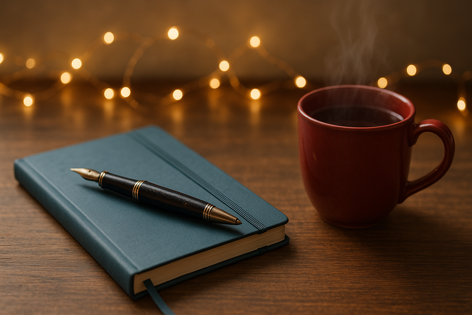 Cozy writing desk with fairy lights, journal, and tea in warm slate blue and cranberry tones.