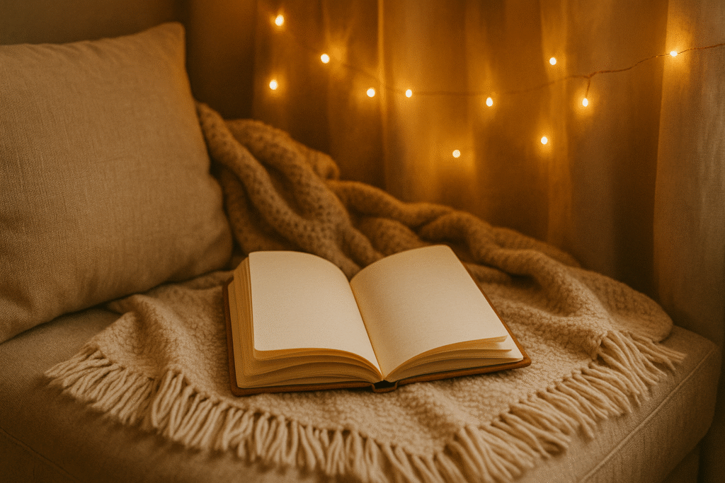 Cozy autumn reading nook with fairy lights.