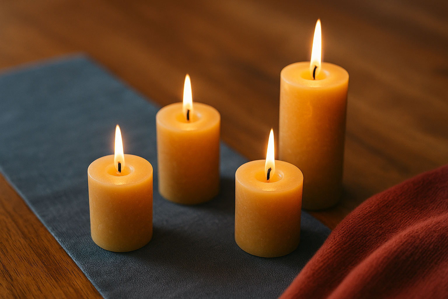 four lit candles on a table with a blue runner