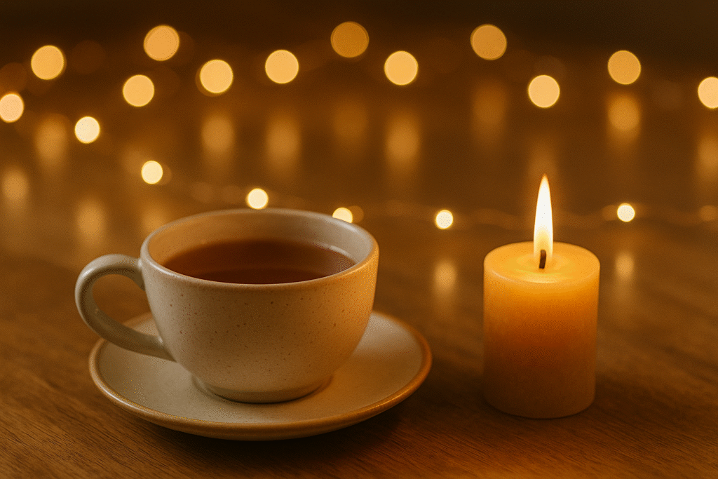 Tea and fairy lights with a glowing candle nearby.