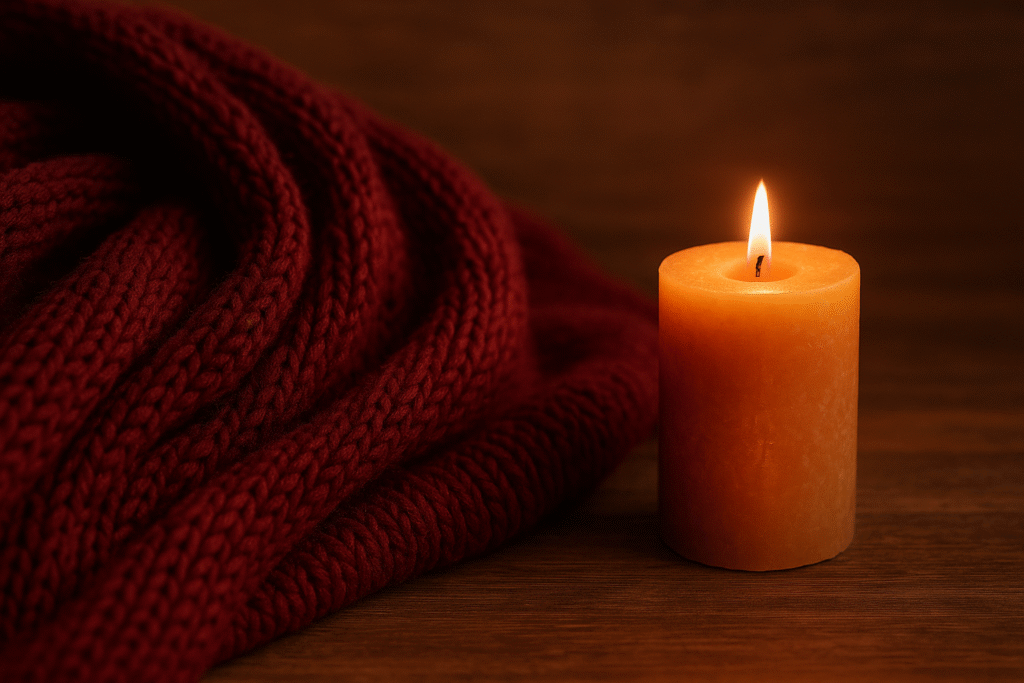 Cozy red blanket with candlelight glow.