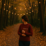 A slate-blue sky over a golden autumn path with twinkling fairy lights and a woman journaling in a cranberry sweater.