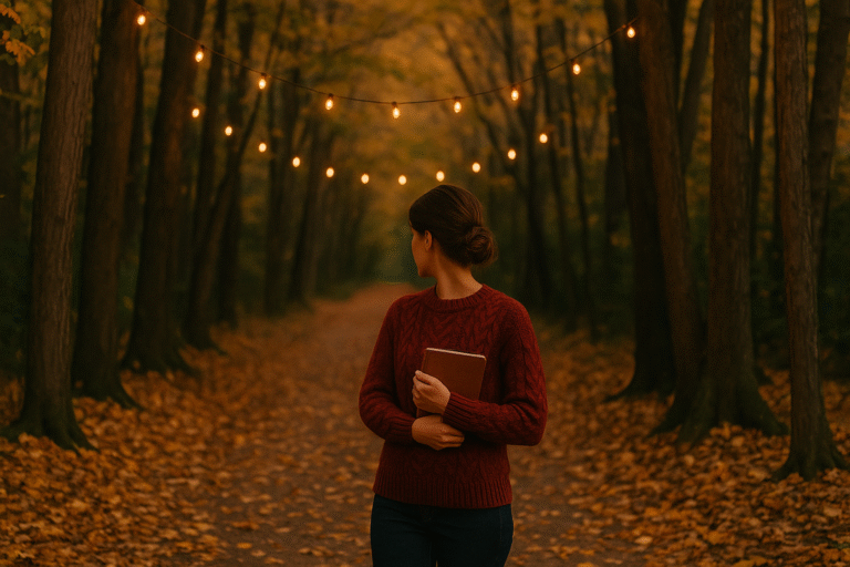 A slate-blue sky over a golden autumn path with twinkling fairy lights and a woman journaling in a cranberry sweater.