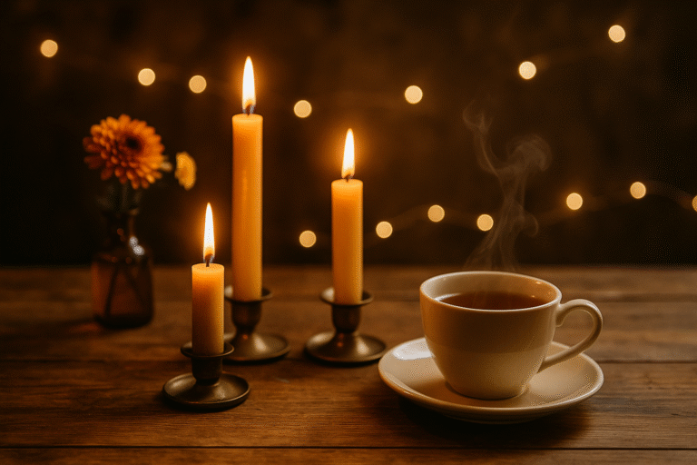 A table set with flickering candles, tea, and a small vase of autumn flowers.