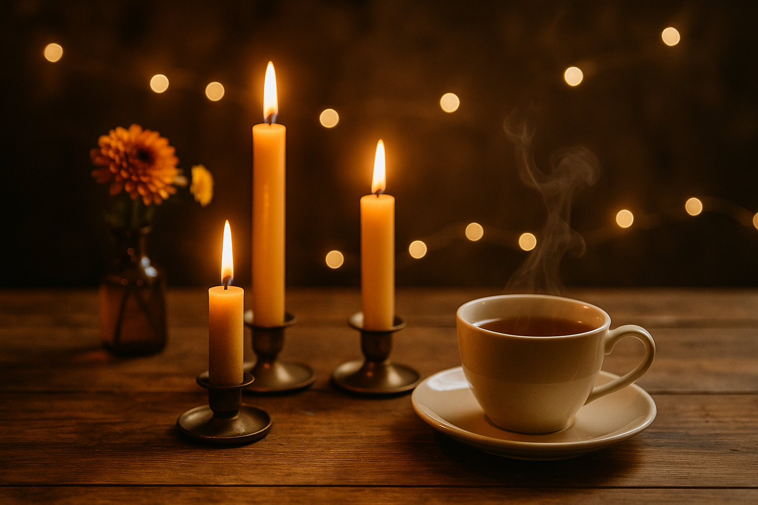 A table set with flickering candles, tea, and a small vase of autumn flowers.