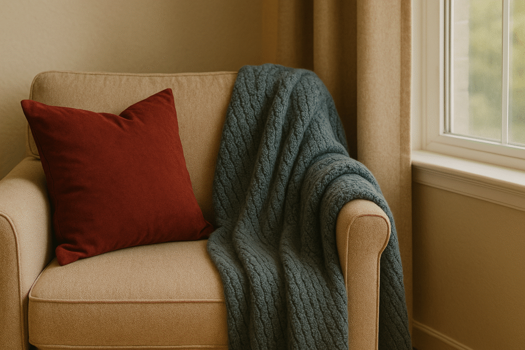 Cozy chair with autumn throw and pillow.
