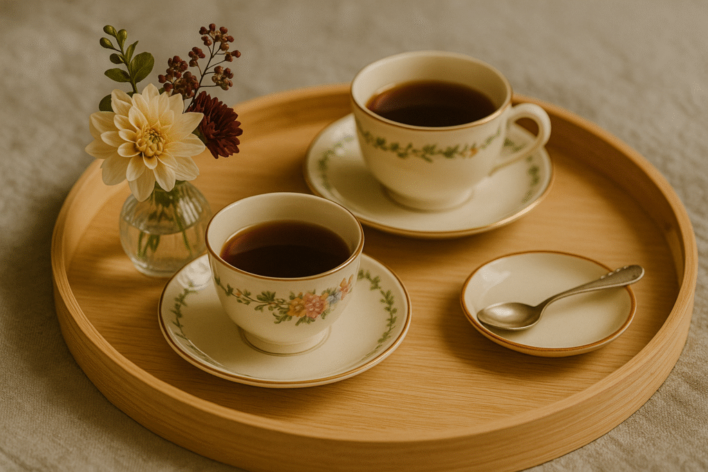 Tea tray with vintage teacups and flowers for autumn gathering.