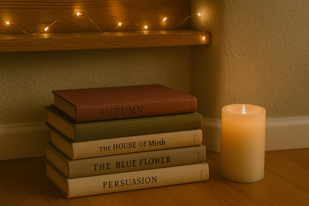 Fairy lights and books styled for cozy autumn corner.