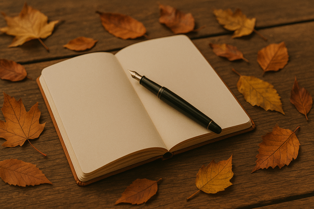 Autumn journaling with leaves and fountain pen.