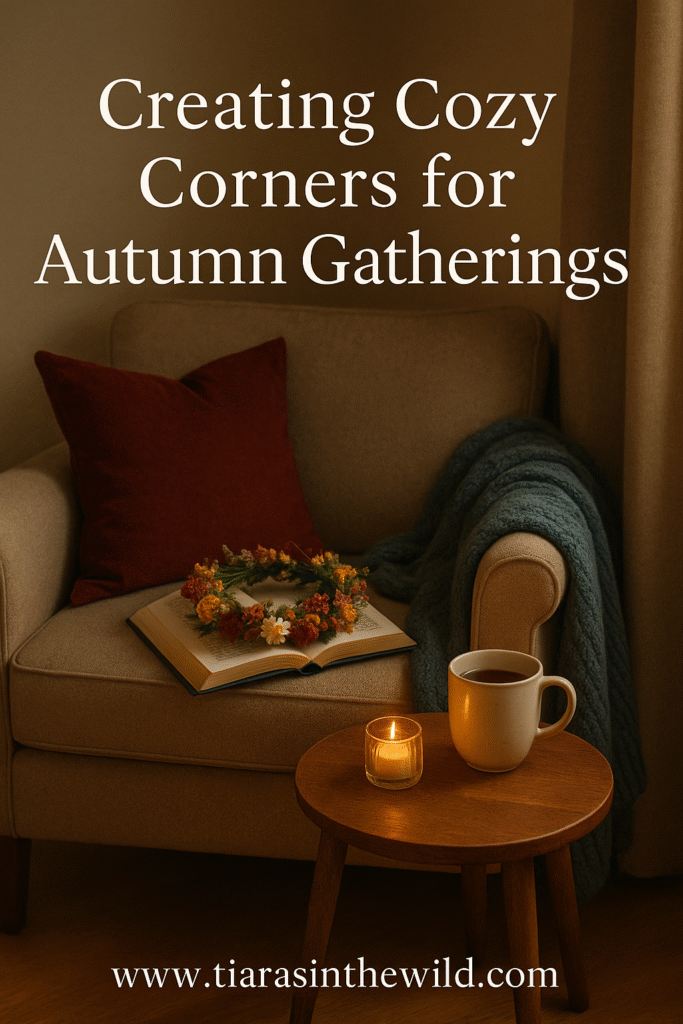 Autumn corner armchair styled with throw, candle, and book for gatherings.