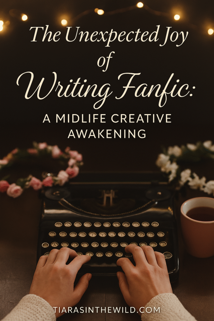 Vertical Pinterest graphic of typewriter, flower crowns, and fairy lights with blog title overlay.