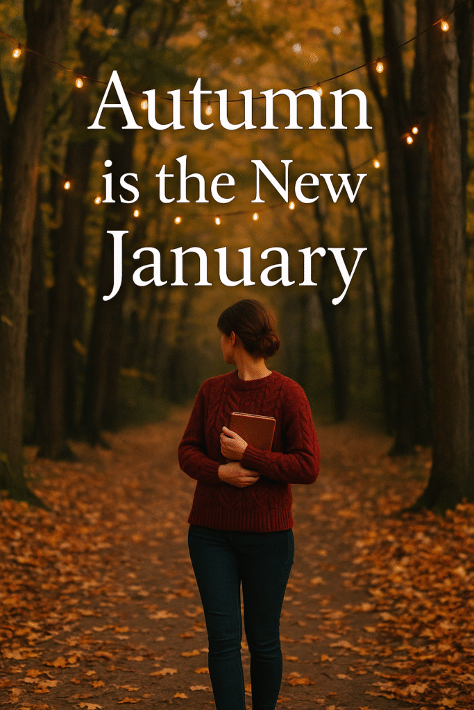 A slate-blue sky over a golden autumn path with twinkling fairy lights and a woman journaling in a cranberry sweater. Text overlay reading “Autumn is the New January.”