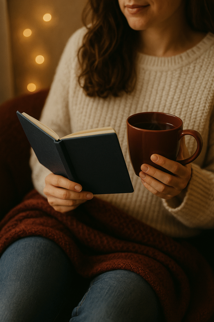 A woman curled up with a journal and cup of tea in cozy cranberry and slate tones.