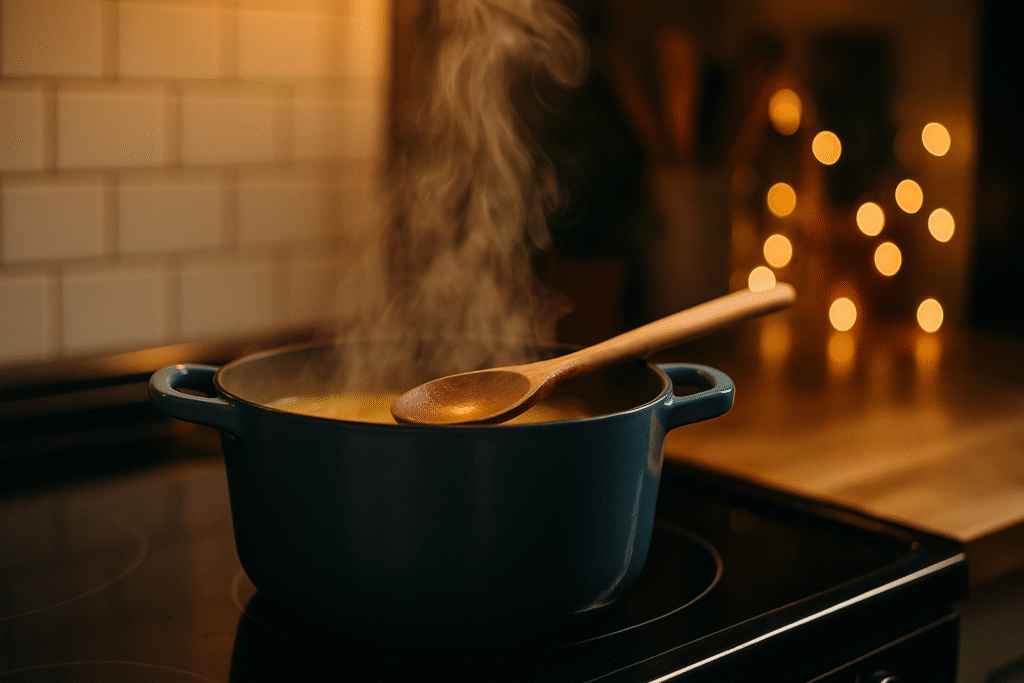 A soup pot on the stove with steam rising and a wooden spoon.