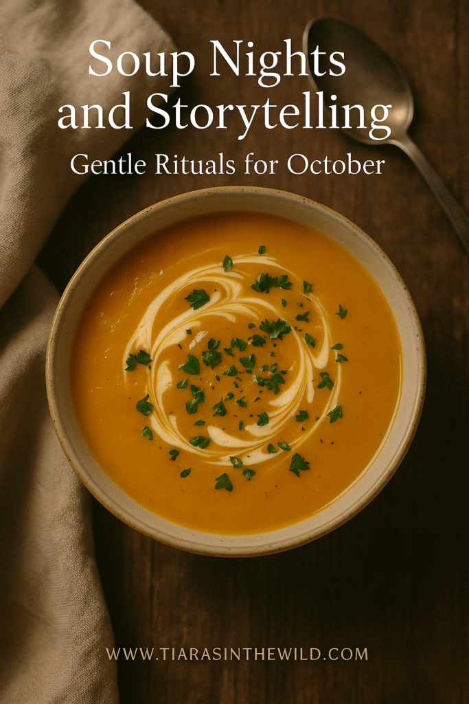 Vertical Pinterest-style image of butternut squash soup with text overlay about October rituals.