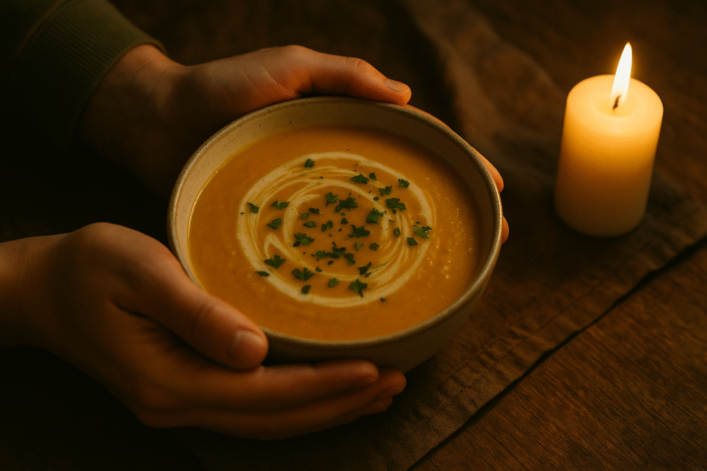 Hands holding a warm bowl of soup near a lit candle.