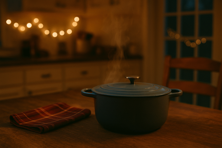 A cozy October kitchen scene with a steaming pot of soup, plaid napkin, and fairy lights.