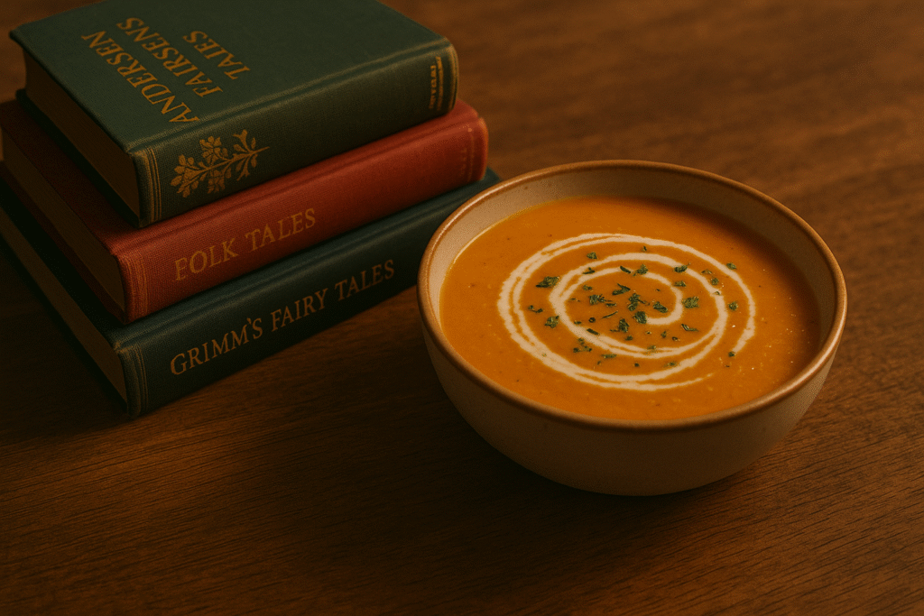 Vintage books stacked next to a bowl of soup on a wooden table.