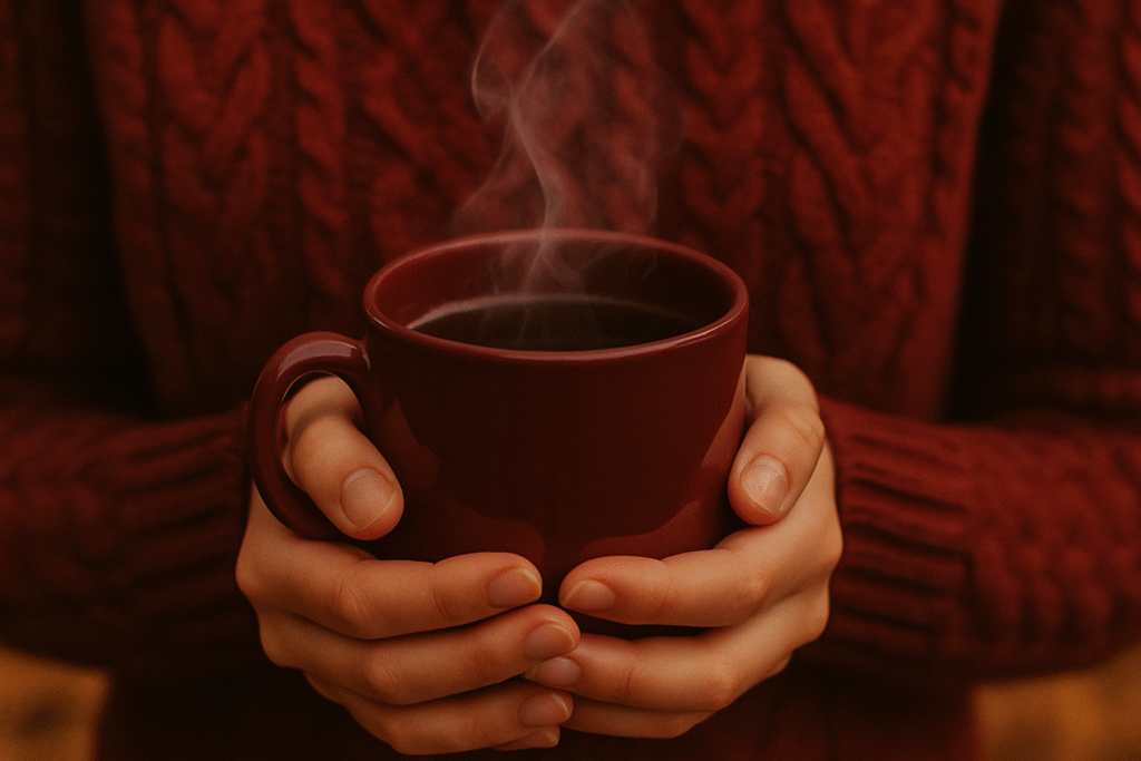 Warm cranberry mug in autumn hands.