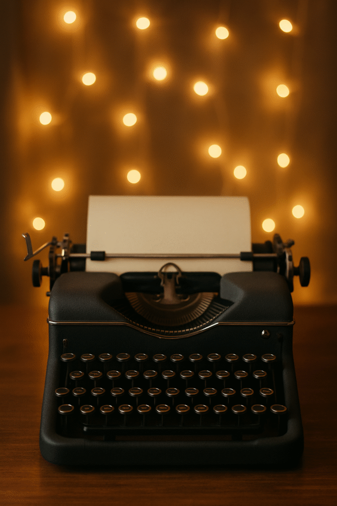 Vintage typewriter with fairy lights glowing behind it.