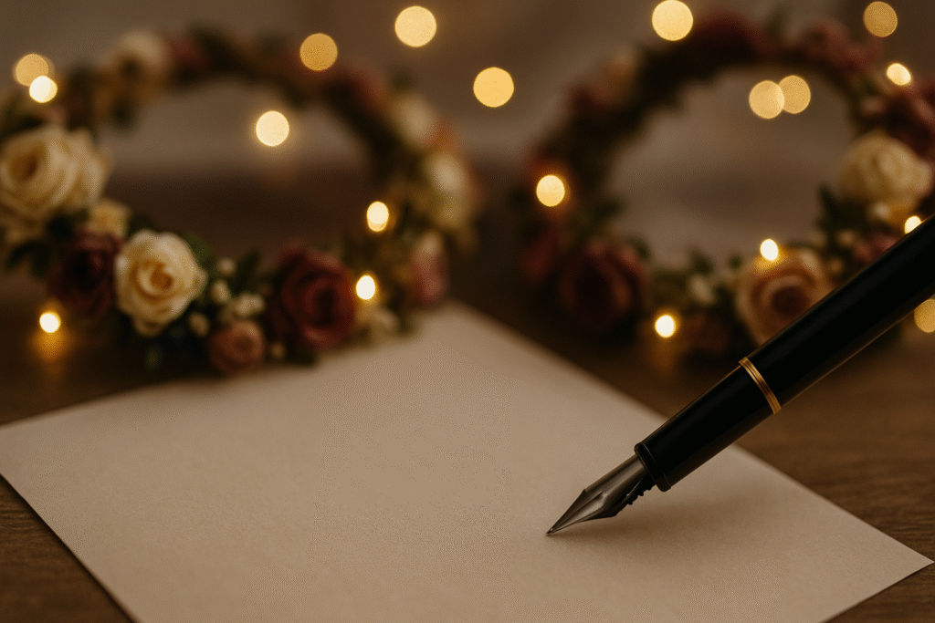 Close-up of a pen poised above paper with flower crowns in the background.