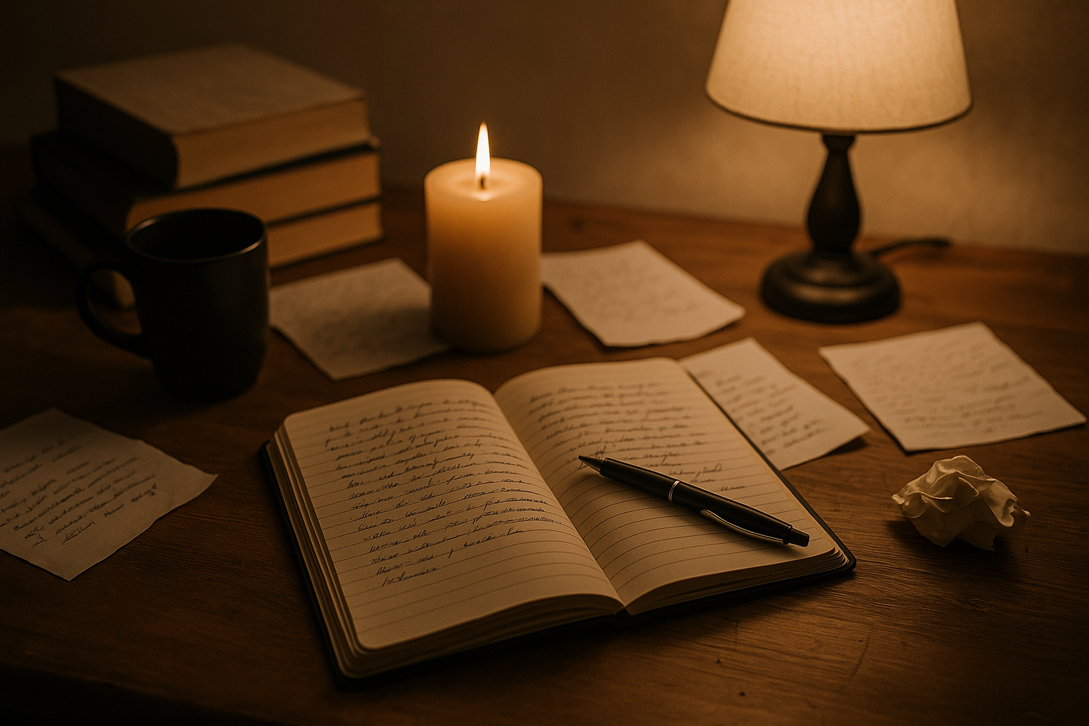 Messy writer’s desk with notebook and candle, symbolizing human creativity.