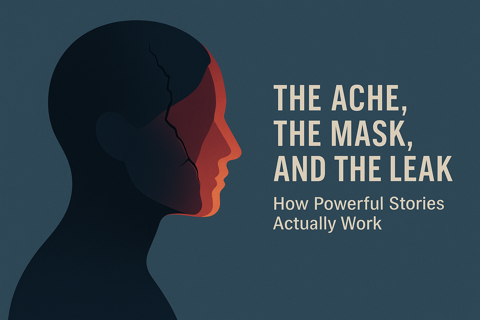 Silhouette of a human head with cracked layers and warm light leaking through, representing hidden emotional wounds beneath a protective mask.