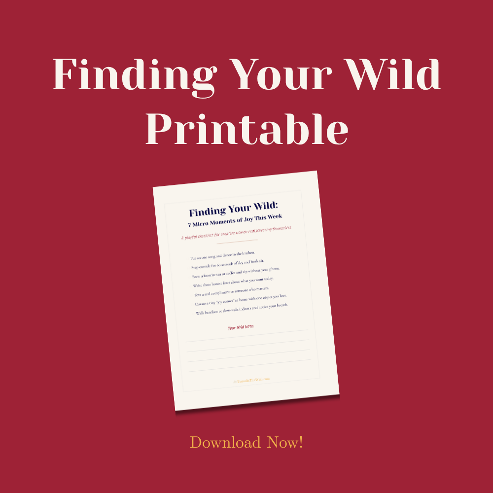 Red square graphic with rounded corners showing a printable worksheet titled Finding Your Wild. The image promotes a free creative writing worksheet download.