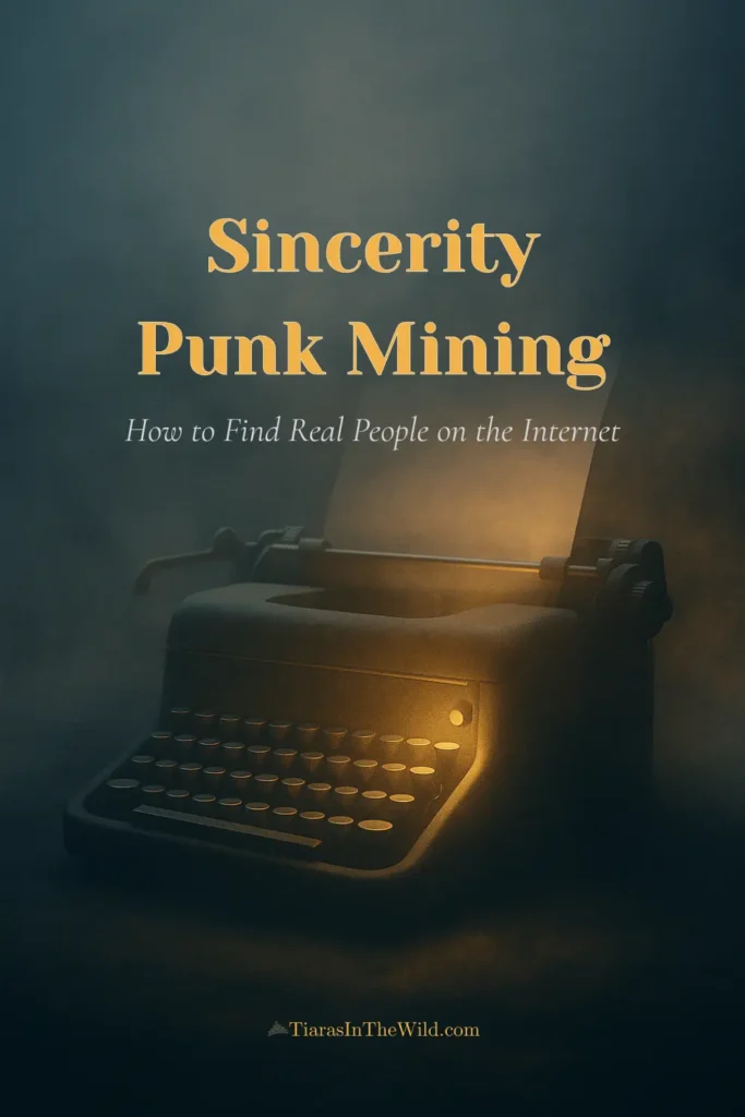Pinterest graphic showing the title ‘Sincerity Punk Mining — How to Find Real People on the Internet’ with digital fog and glowing typewriter.