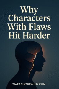 Vertical graphic of a human silhouette with cracks and glowing light leaking through the head, with bold text reading “Why Characters With Flaws Hit Harder” and the website tiarasinthewild.com at the bottom.