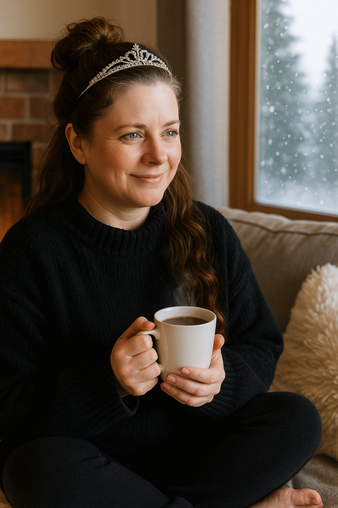 The author looking cozy in front of a window with a cup of tea in hand.