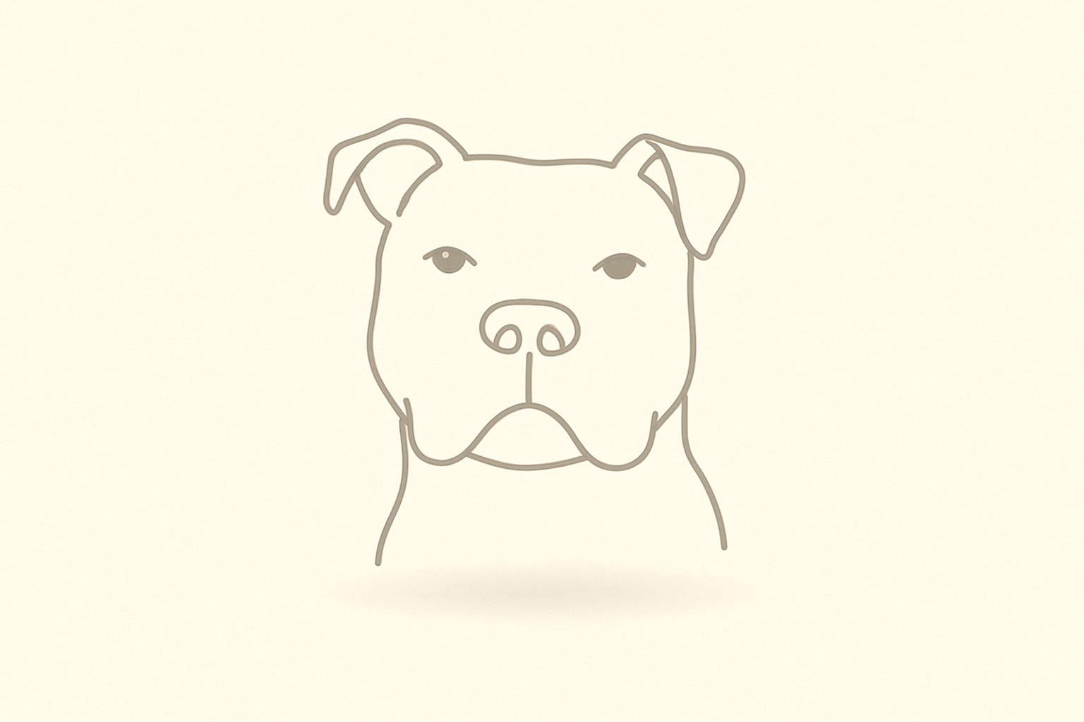 Line art of a pitbull’s face in fog gray centered on a soft cream background with a faint shadow.