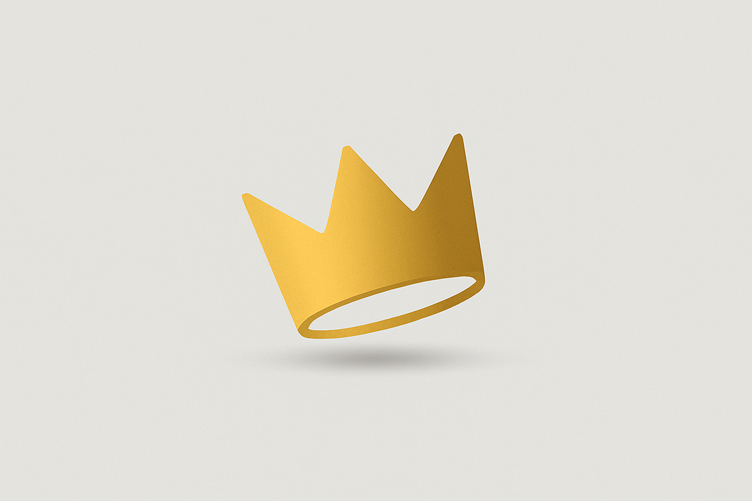 A warm-gold crooked crown centered on a fog-gray background with a soft shadow beneath. Minimalist and clean.