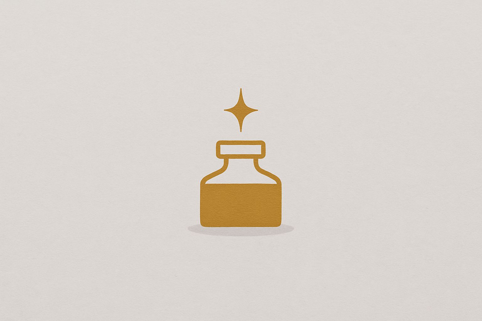 A warm-gold ink bottle with a small rising spark centered on a warm fog-gray background with a faint shadow.