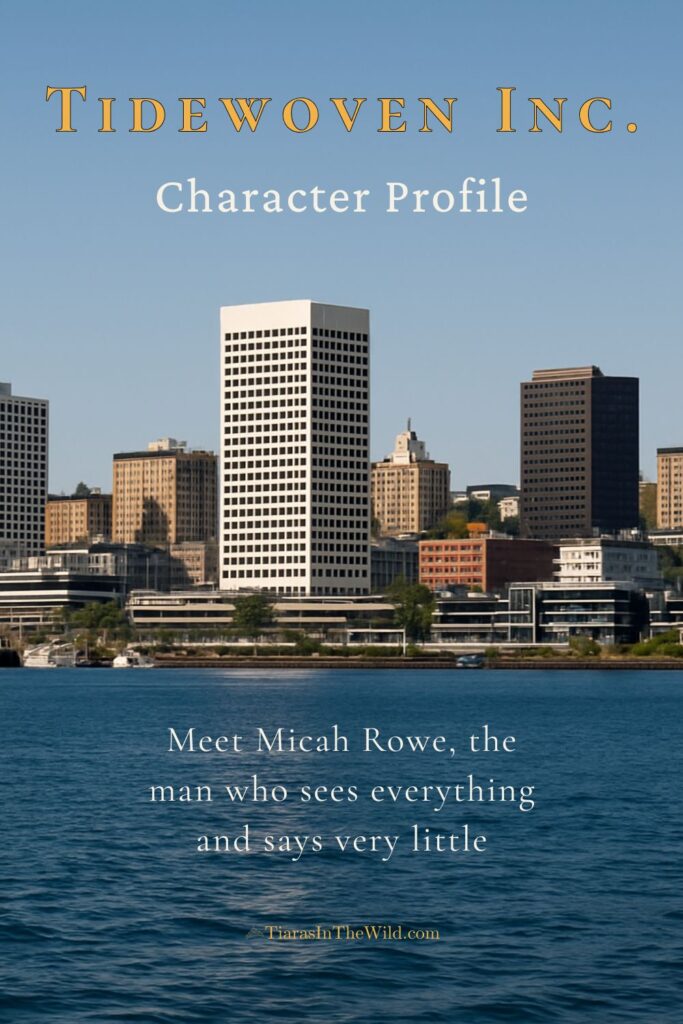 Photo-style image of a coastal city skyline used as the pinterest image for a Tidewoven Inc character post for Micah Rowe.
