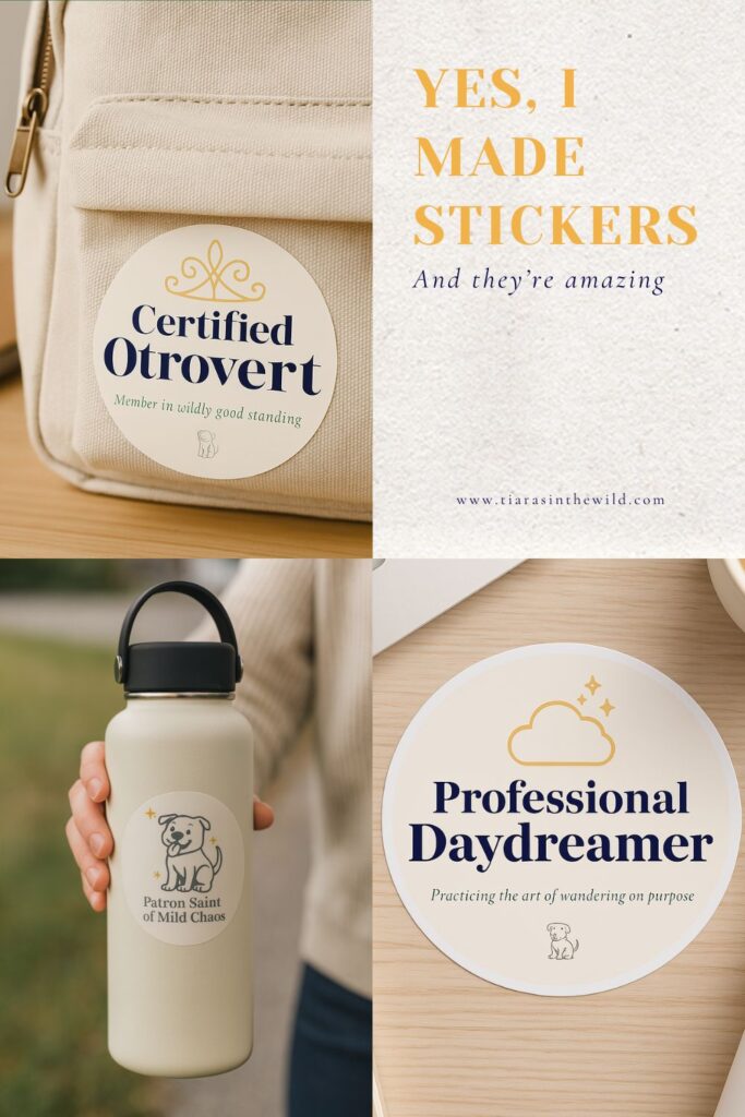 Collage of stickers on cream background with simple line art and humorous slogans.