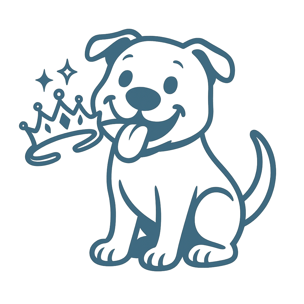Icon of cartoon dog with a crown in its mouth