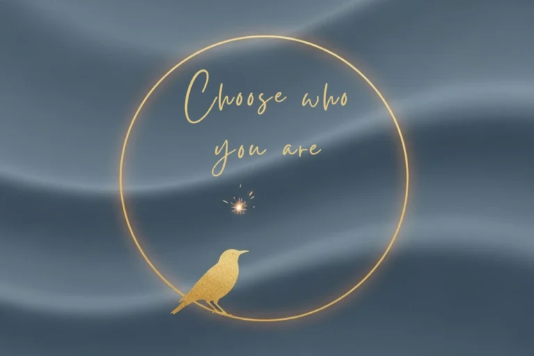 A horizontal image with a slate-blue background, a thin warm-gold circle, a small gold starling perched on the edge, and a subtle gold spark above it. Minimal, mythic aesthetic.