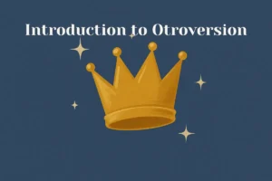 Tilted gold crown on a slate blue background with soft sparkles, representing Otroversion’s chaotic charm.