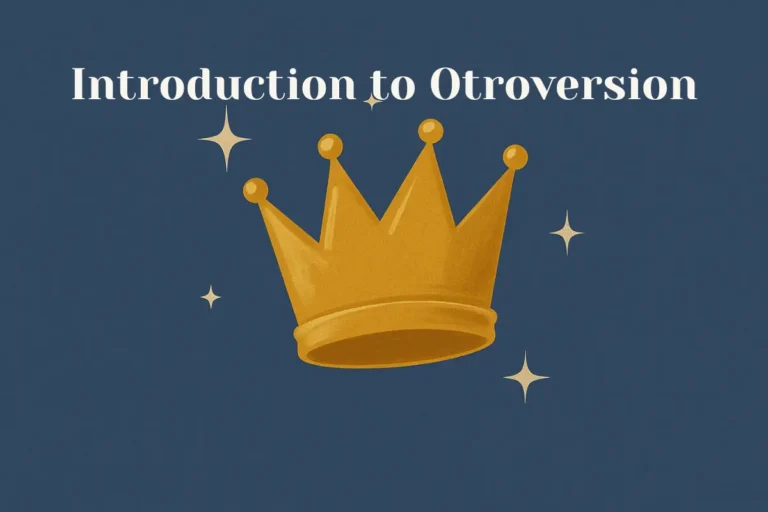 Tilted gold crown on a slate blue background with soft sparkles, representing Otroversion’s chaotic charm.