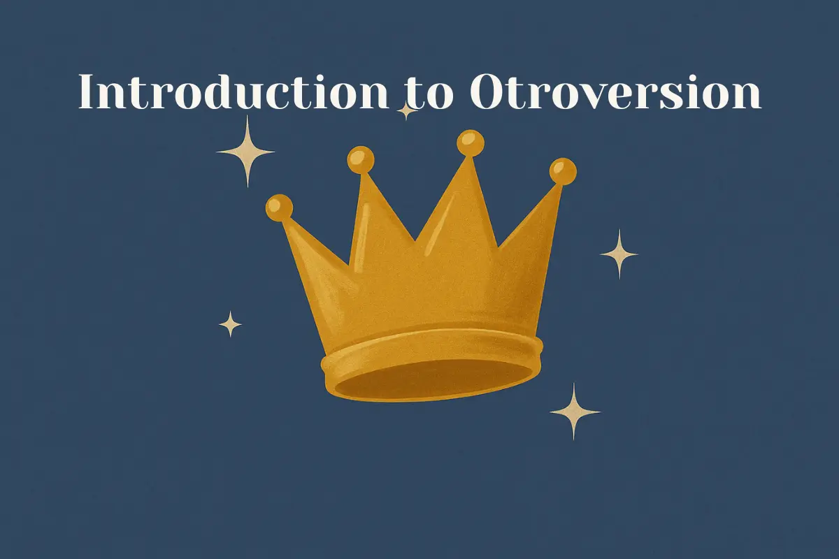 Tilted gold crown on a slate blue background with soft sparkles, representing Otroversion’s chaotic charm.