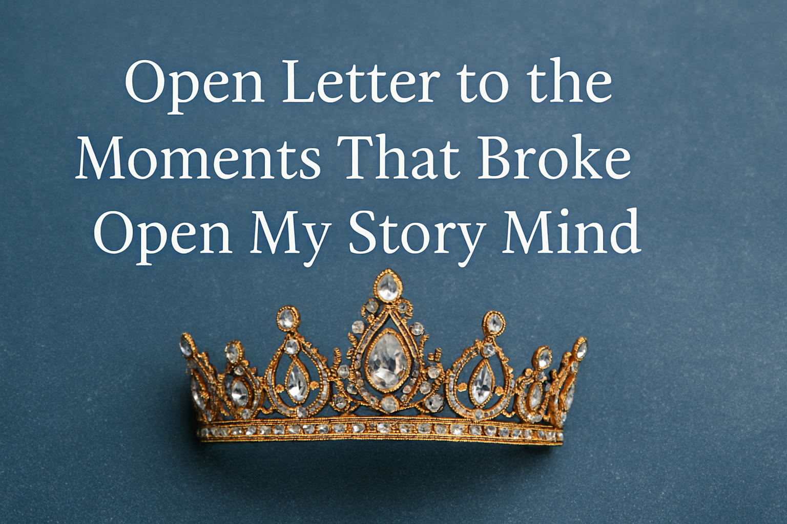 A warm gold and crystal tiara resting against a slate blue background with fog gray shimmer, representing a reflective blog post about creative transformation.