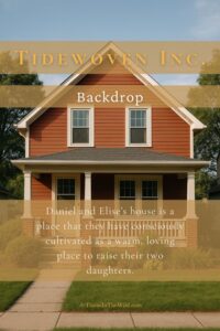 A two-story red clapboard house with white trim and a small front porch, set on a quiet suburban street with green lawn and mature trees. The house looks warm, simple, and lived-in, matching a working-class family home. This is an image to introduce Daniel and Elise Reyes' home on Pinterest.