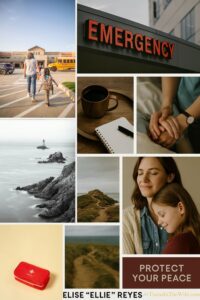 A mood board for the character Elise Rowe Reyes of the Tidewoven books, including images of an emergency room, a lighthouse and a mother and child.